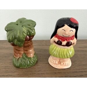 Vintage Hawaiian Hula Girl Palm Tree Salt Pepper Shakers Tiki Ceramic Set